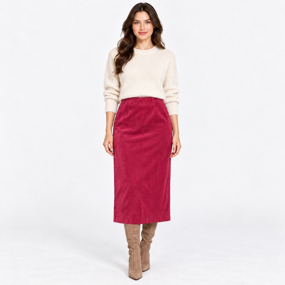 Raspberry Faux Suede Feel Midi Skirt Fall Pencil Skirt 10P -